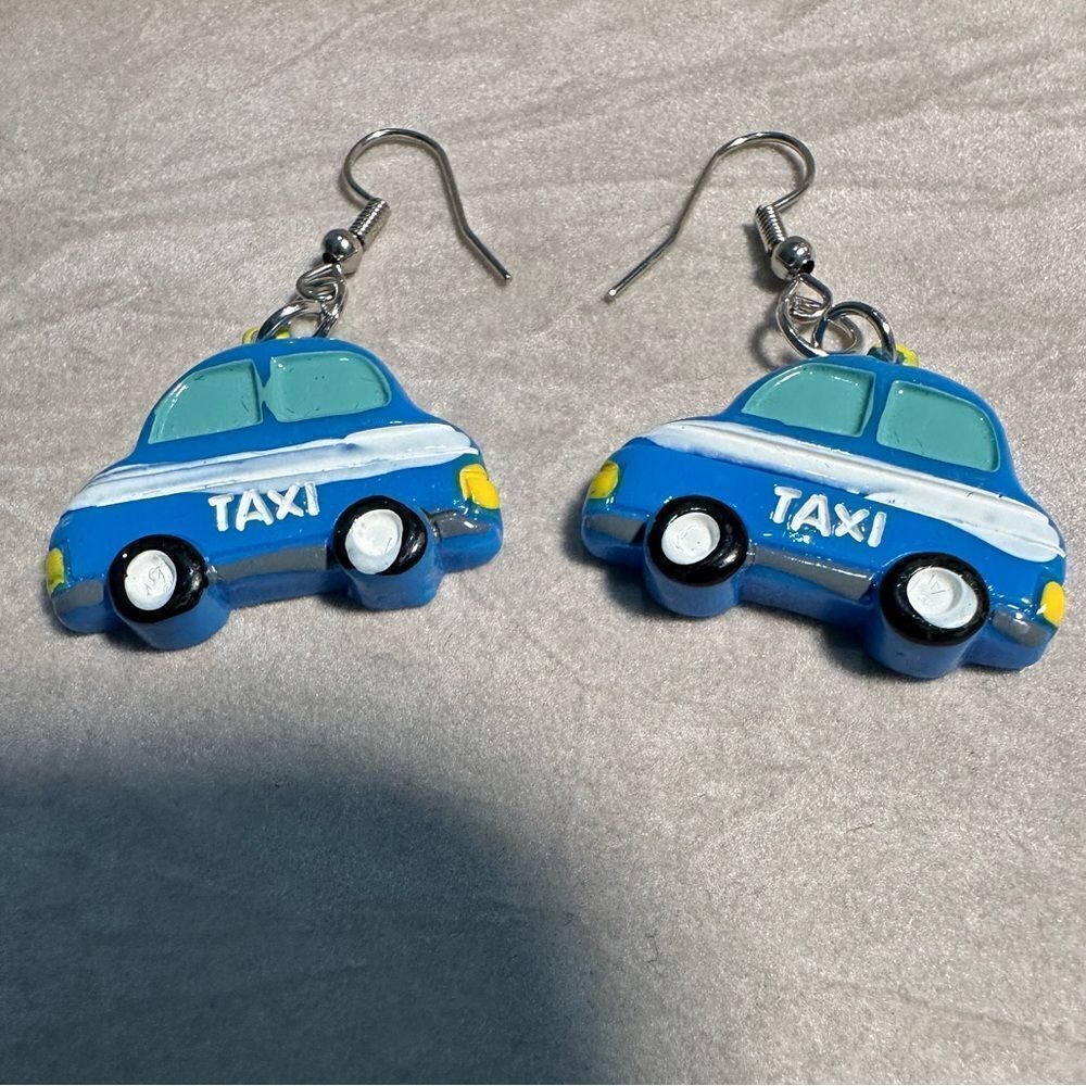 Whimsical Blue Taxi Car Earrings – Fun & Playful Statement Jewelry - Picture 5 of 17